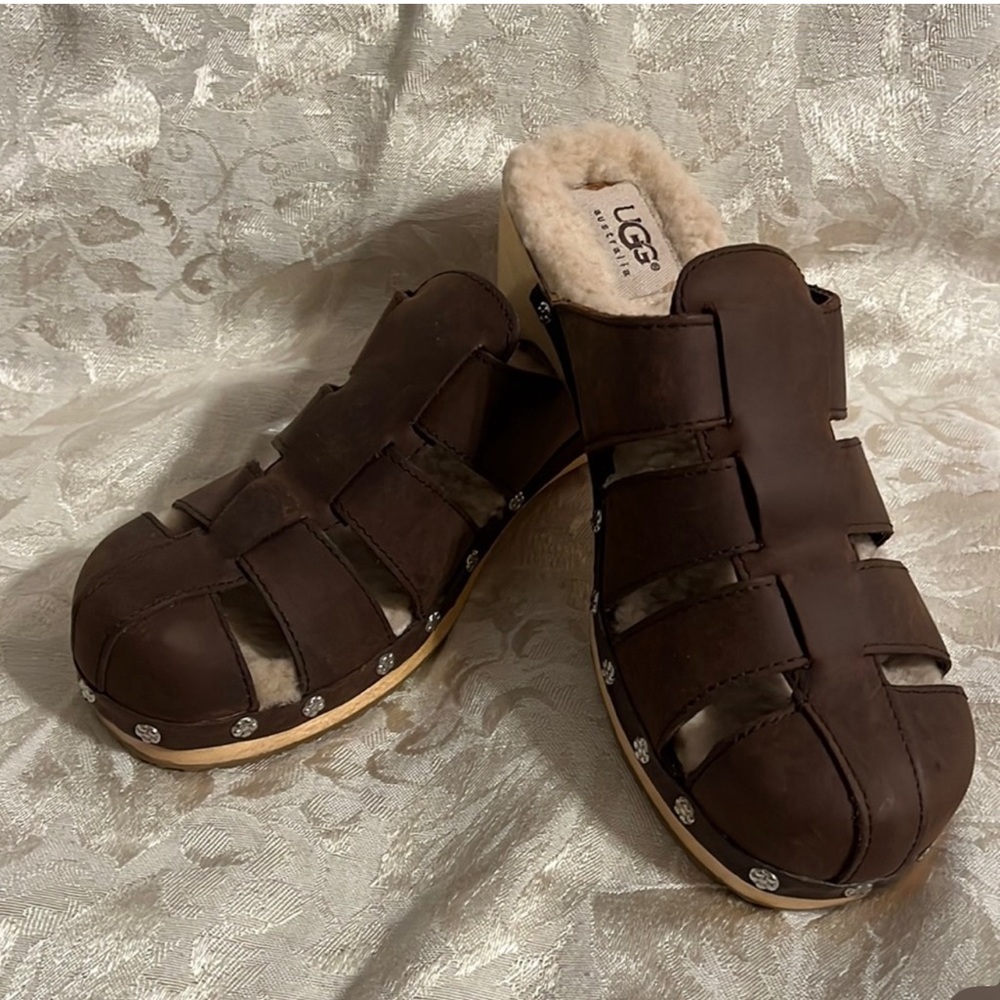 UGG Australia Brown Wooden Heel Sherpa Lined Slide Sandals Women’s Size 5